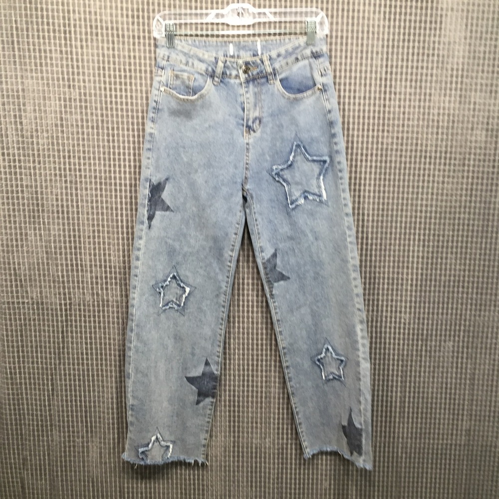 Celebrity Ace Womens Straight Star Patch Raw Hem Jeans 26 Light Blue